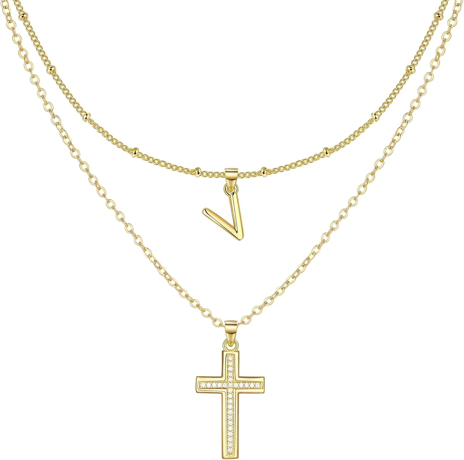 ZENI Dainty Cross Necklaces for Women, 14K Gold Plated Layered Chain Initial Pendant Choker Necklace, Cubic Zirconia Cross Christian Faith Jewelry Communion Baptism Gifts for Girls