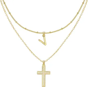 ZENI Dainty Cross Necklaces for Women, 14K Gold Plated Layered Chain Initial Pendant Choker Necklace, Cubic Zirconia Cross Christian Faith Jewelry Communion Baptism Gifts for Girls