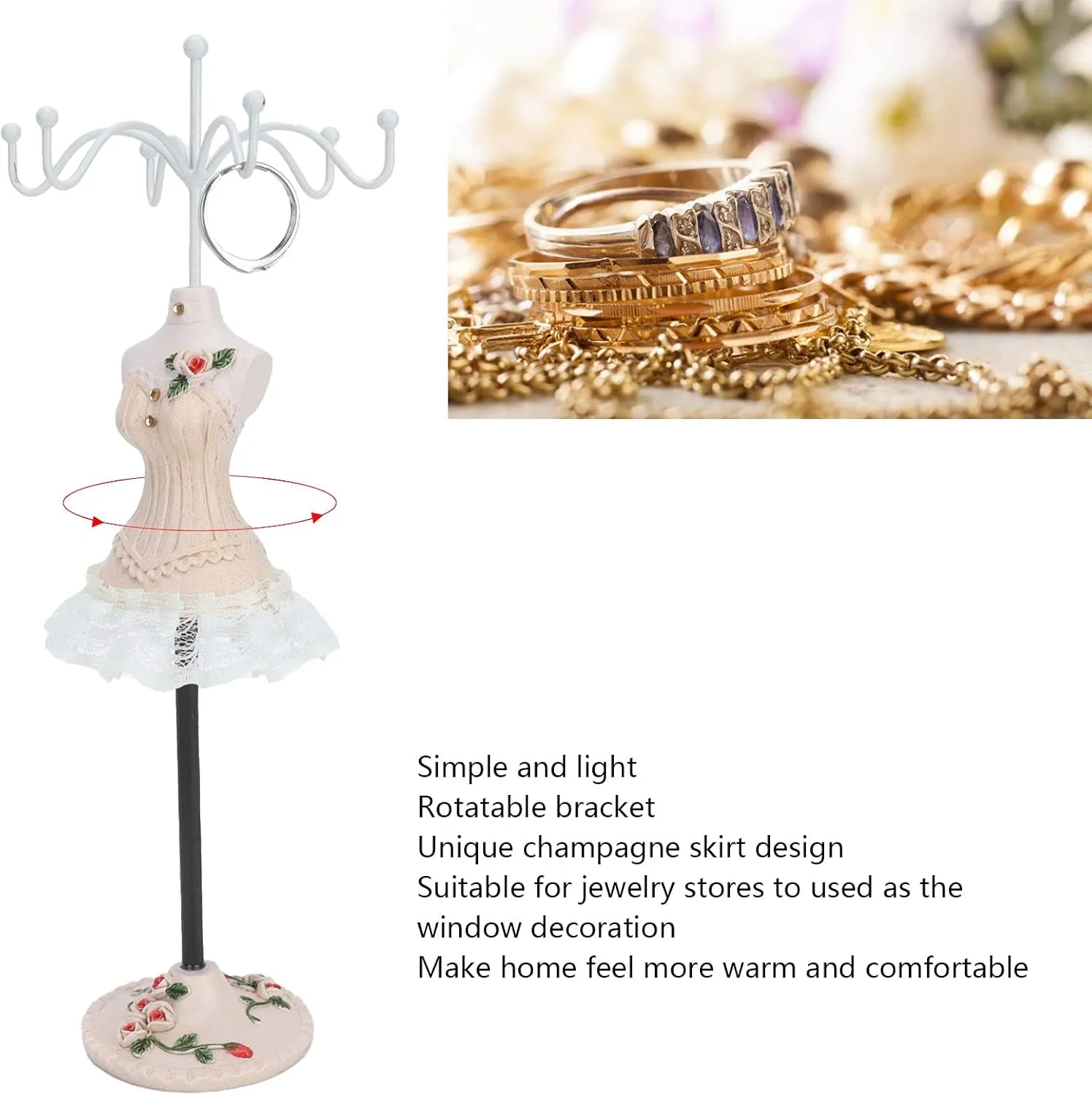 ZJchao Jewelry Stand Holder, Jewelry Towers Earrings Necklace Storage Polyresin Doll Holder with Rotatable Bracket Hanging Jewelry Organizer Rack Tower Decoration Dress Necklace Stand for Girls(#4)