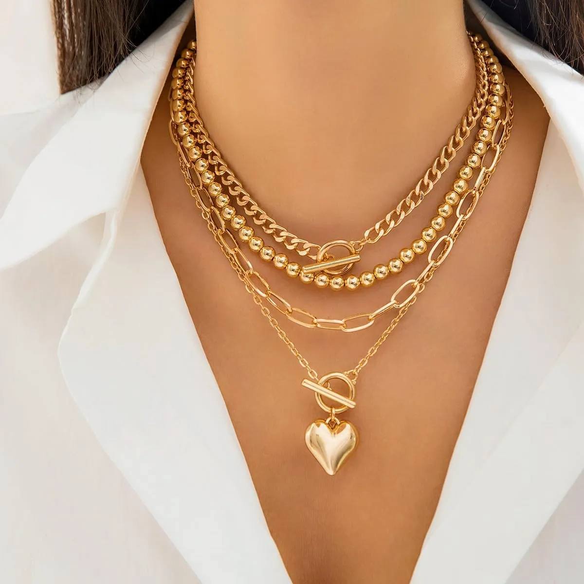 ZMANYIJEW 4pcs Layered Gold Necklaces for Women,Chunky Gold Necklace Herringbone Paperclip Chain Necklace for Women Teen Girls Retro Coin Medallion Pendant Necklaces for Mother's Day