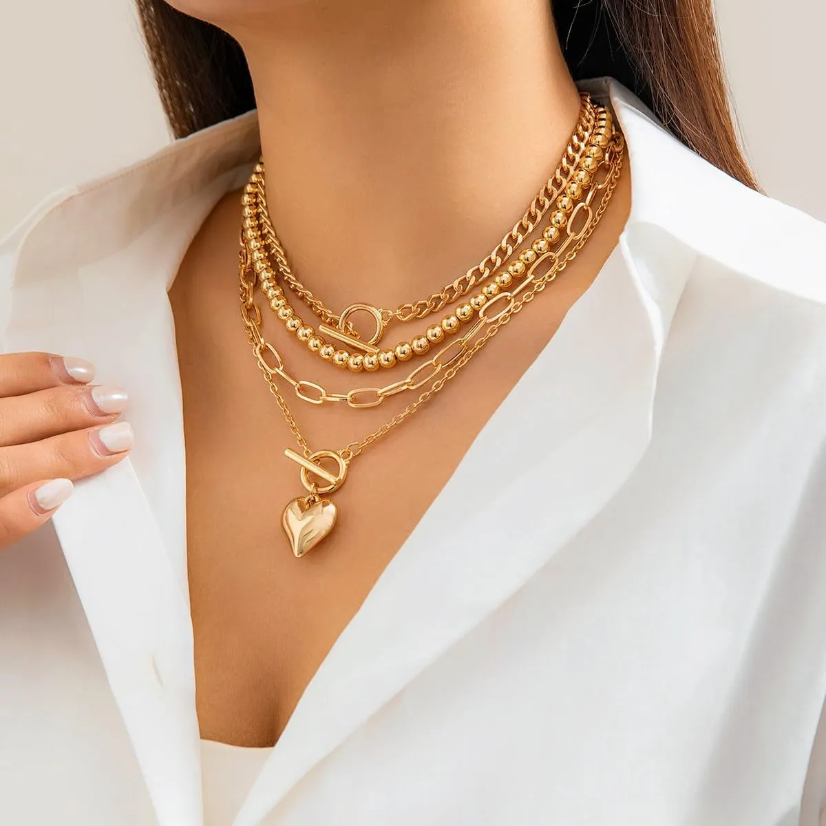 ZMANYIJEW 4pcs Layered Gold Necklaces for Women,Chunky Gold Necklace Herringbone Paperclip Chain Necklace for Women Teen Girls Retro Coin Medallion Pendant Necklaces for Mother's Day