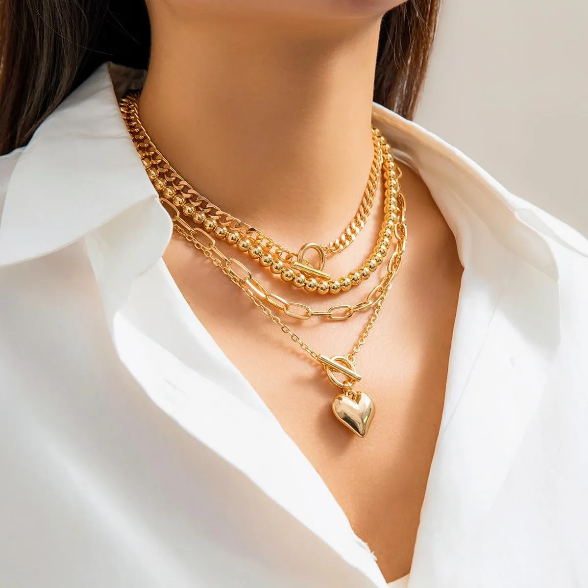 ZMANYIJEW 4pcs Layered Gold Necklaces for Women,Chunky Gold Necklace Herringbone Paperclip Chain Necklace for Women Teen Girls Retro Coin Medallion Pendant Necklaces for Mother's Day