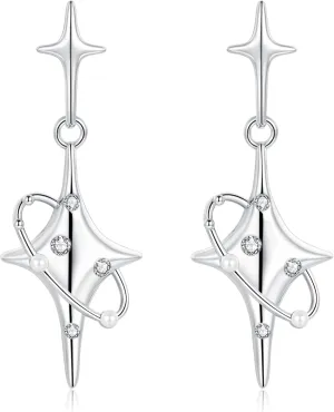ZRU Sterling Silver Drop Earrings for Women, Star Celestial Rotate Pearl Sparkling Cubic Zirconia Hypoallergenic 925 Sterling Silver CZ Dangle Drop Earrings