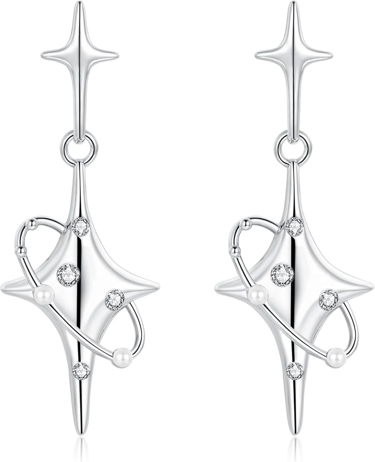 ZRU Sterling Silver Drop Earrings for Women, Star Celestial Rotate Pearl Sparkling Cubic Zirconia Hypoallergenic 925 Sterling Silver CZ Dangle Drop Earrings